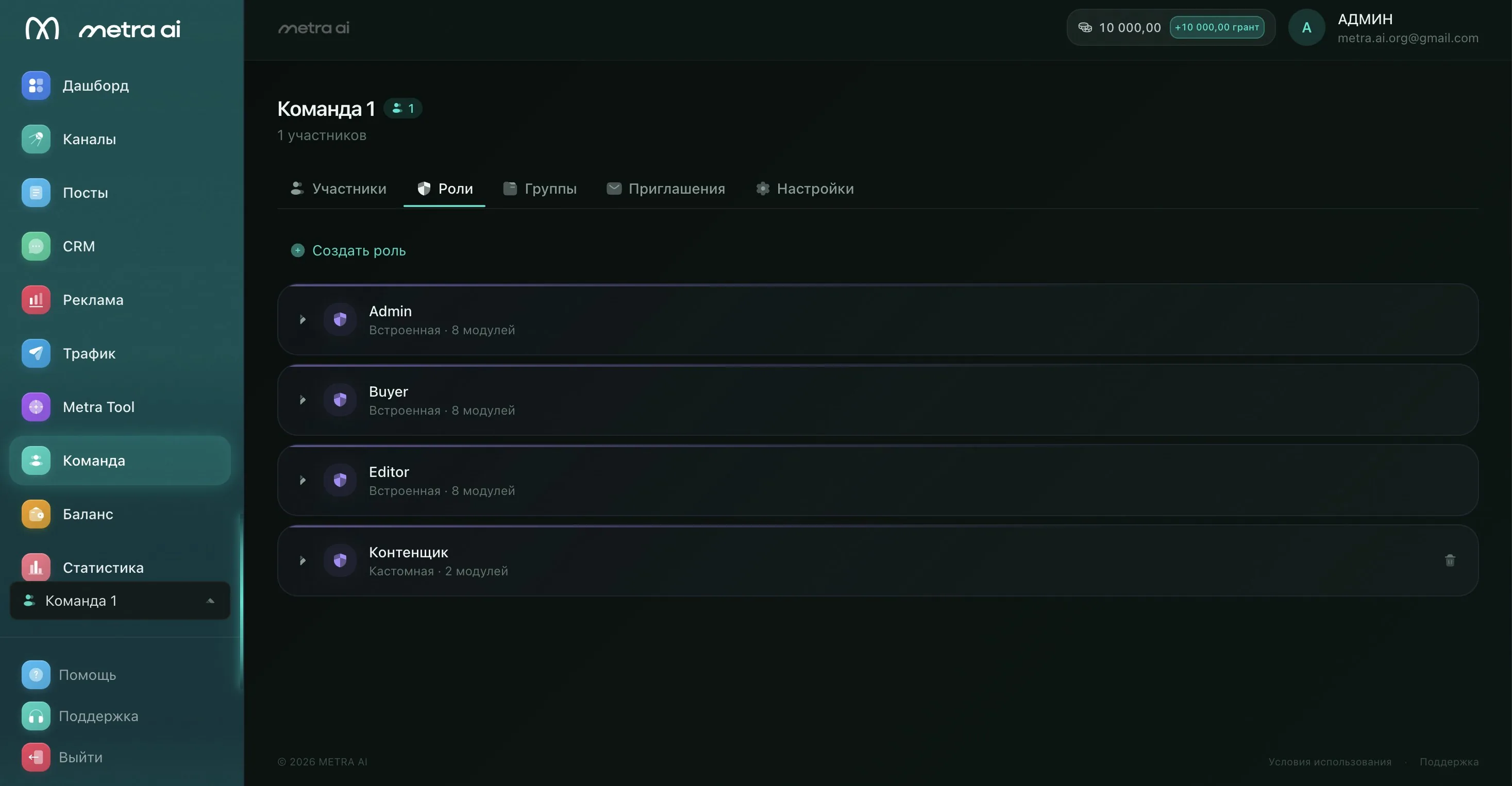 METRA AI team: member roles and permissions